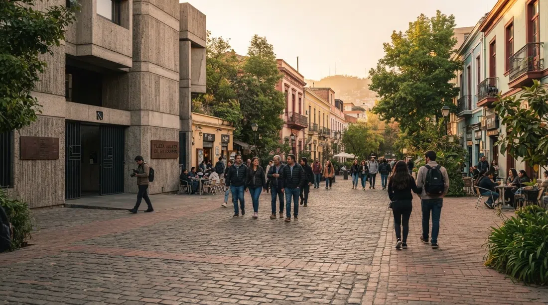 Plaza Mulato Gil de Castro i Barrio Lastarria, med Museo de Artes Visuales' betonfacade og en lille murstensplads animeret af fodgængere i sen eftermiddagssol