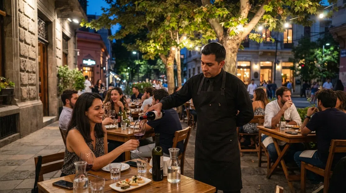 Bocanáriz på José Victorino Lastarria, terrasseborde under platantræer med vinglas, flasker og en sommelier der skænker chilenske rødvine ved skumring