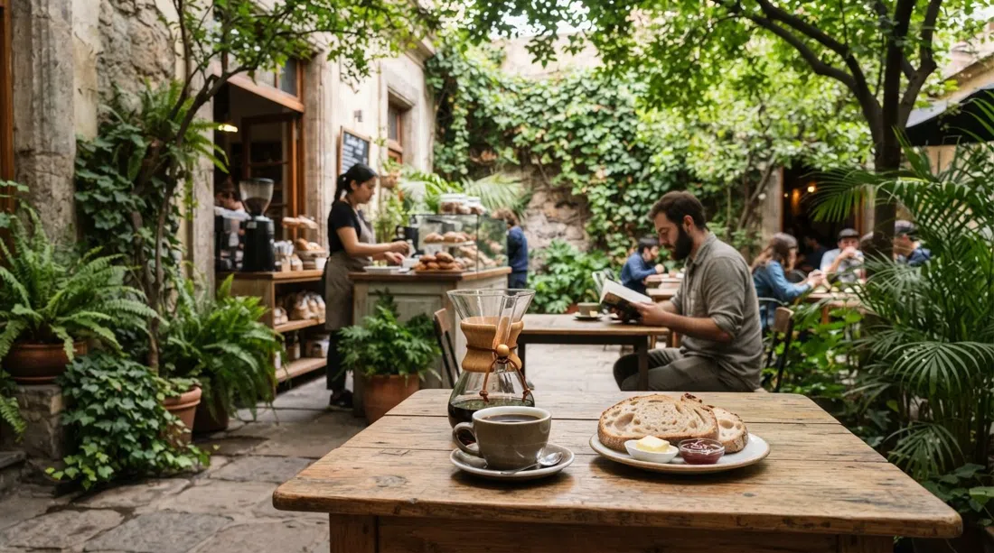Colmado Coffee & Bakery i en løvfældet gårdhave på Merced, en Chemex-kaffe på et træbord med brød og plettet skygge