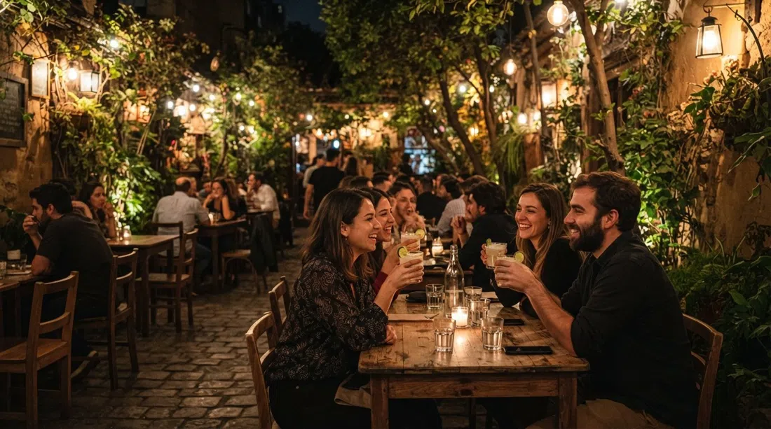 Chipe Libres løvfældede baggård på José Victorino Lastarria om natten, pisco sour glas på borde under varme terrasse lys