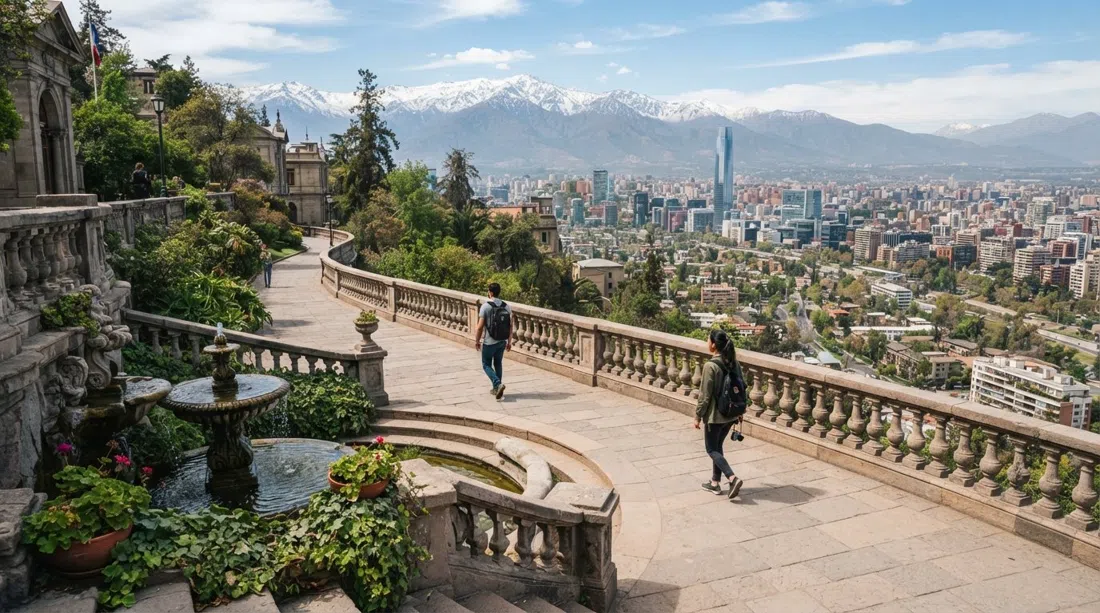 Cerro Santa Lucía set fra en terrasseret sti, med springvand, stenbalustrader og byen der breder sig mod Andesbjergene i klart dagslys