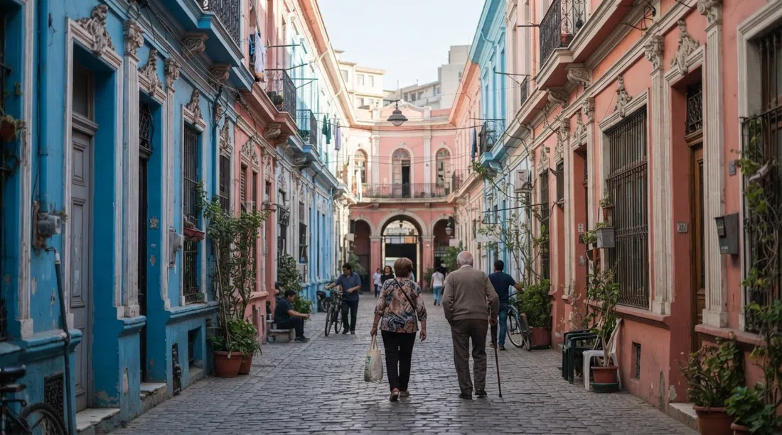 Pasaje Adriana Cousiño en Barrio Yungay, fachadas azul cerúleo y rosa salmón estilo Belle Époque bordeando un angosto pasaje comunal con luz suave
