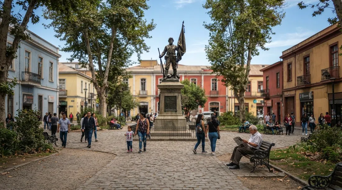 Plaza Yungay en Santiago, el Monumento al Roto Chileno de bronce en la plaza abierta con edificios patrimoniales bajos y árboles alrededor