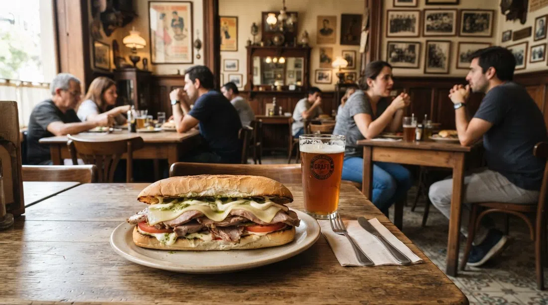 Fuente Mardoqueo en Barrio Yungay, un generoso Lomito Bávaro sobre la mesa junto a una cerveza artesanal fría en un comedor casual tipo museo