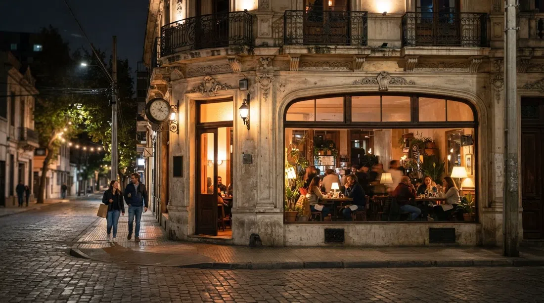 Peluquería Francesa de noche en Barrio Yungay, luz cálida brillando desde la fachada histórica y las ventanas del bar en una tranquila calle de Santiago