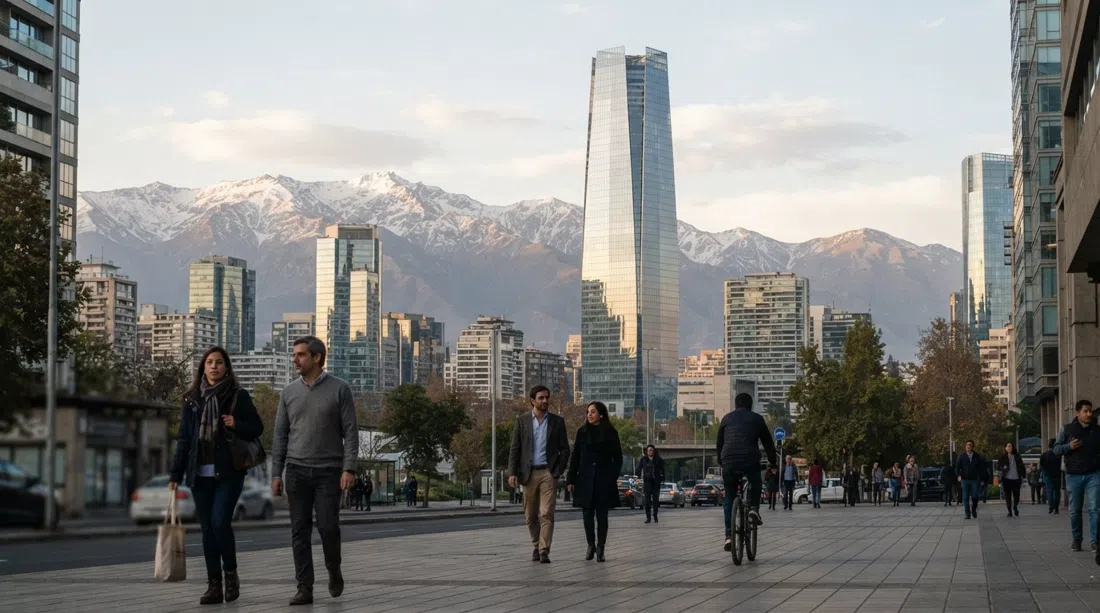 la torre Titanium La Portada y el skyline de Sanhattan al atardecer, fachadas de vidrio reflejando la luz pálida andina