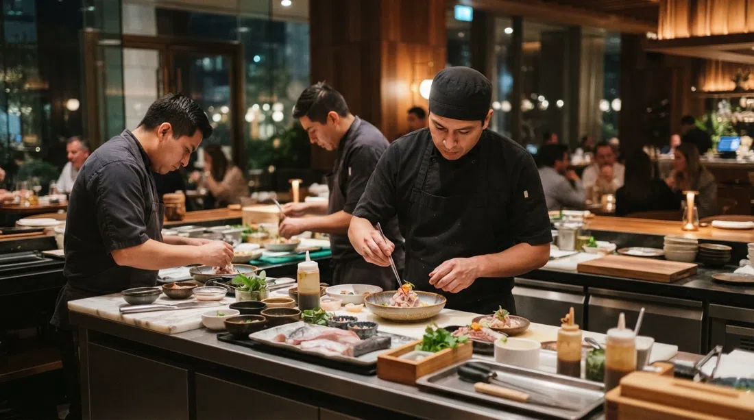 la barra de Karai by Mitsuharu dentro del W Santiago, chefs emplatando platos nikkei bajo luz cálida del restaurante