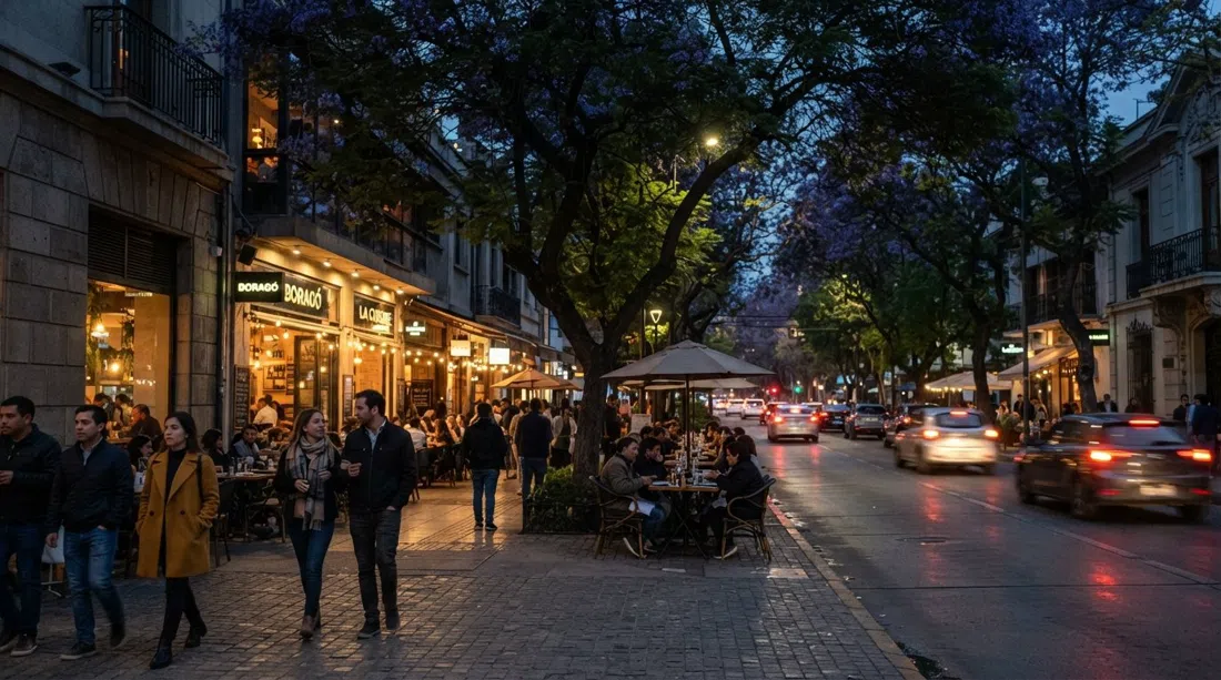 calle Isidora Goyenechea en El Golf, sombreada por jacarandas, con frentes iluminados de restaurantes y peatones al atardecer