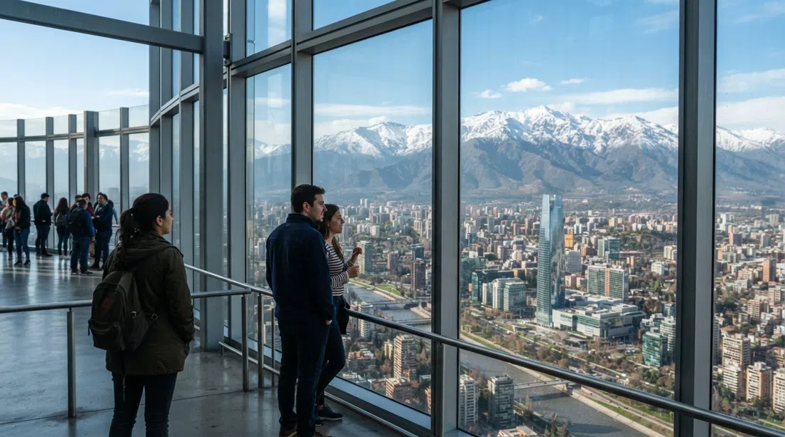 la terraza Sky Costanera sobre Santiago, los Andes visibles a través del vidrio en una tarde despejada después de la lluvia