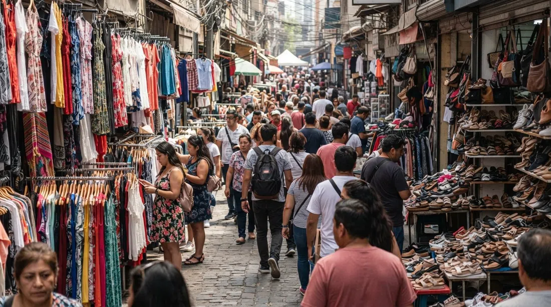 Calle Patronato en Santiago, repleta de estantes de ropa, vestidos colgados y zapatos de oferta bajo la luz del mediodía