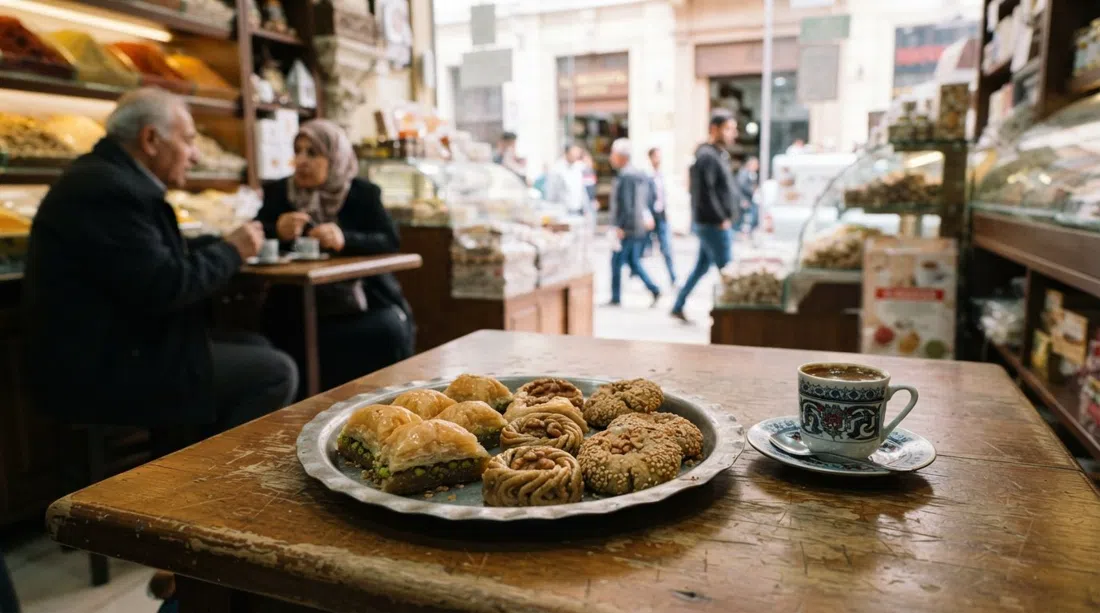 una bandeja de baklava, borma y galletas de sésamo en Al Mustafa en Río de Janeiro 405 junto a una tacita de café con cardamomo