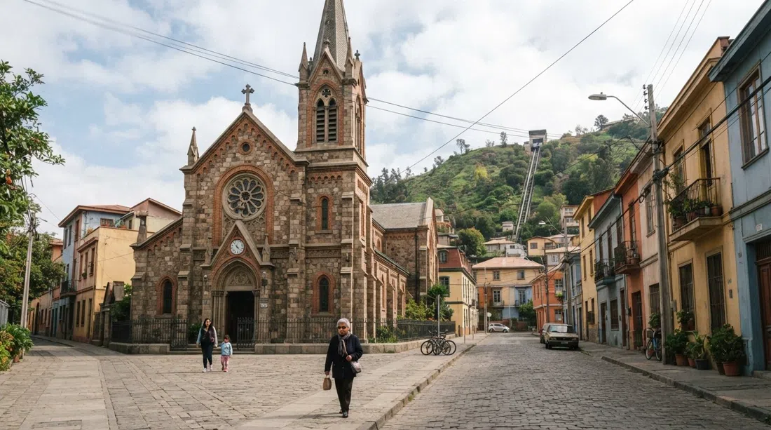 la fachada y el frente de la Parroquia de Santa Filomena en una cuadra tranquila, con la iglesia histórica enmarcada por el barrio circundante