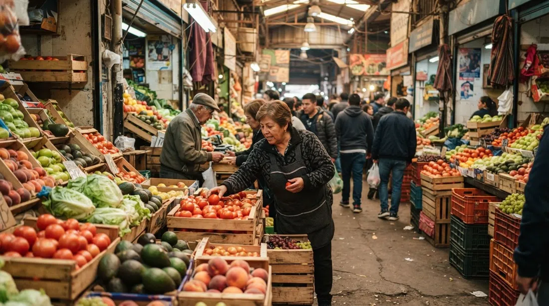 los pasillos abarrotados de productos de La Vega Central con cajones de frutas y verduras apilados bajo la luz fluorescente del mercado