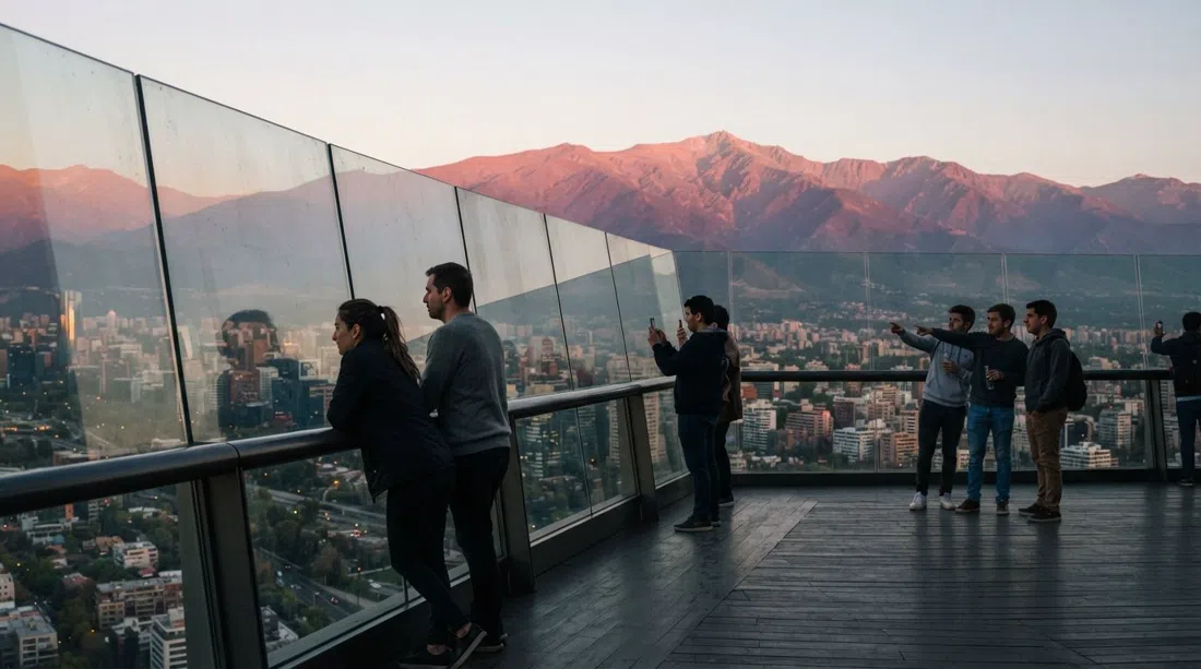 Mirador Sky Costanera muy por encima de Santiago, los Andes brillan rosados al atardecer detrás de la barandilla de vidrio