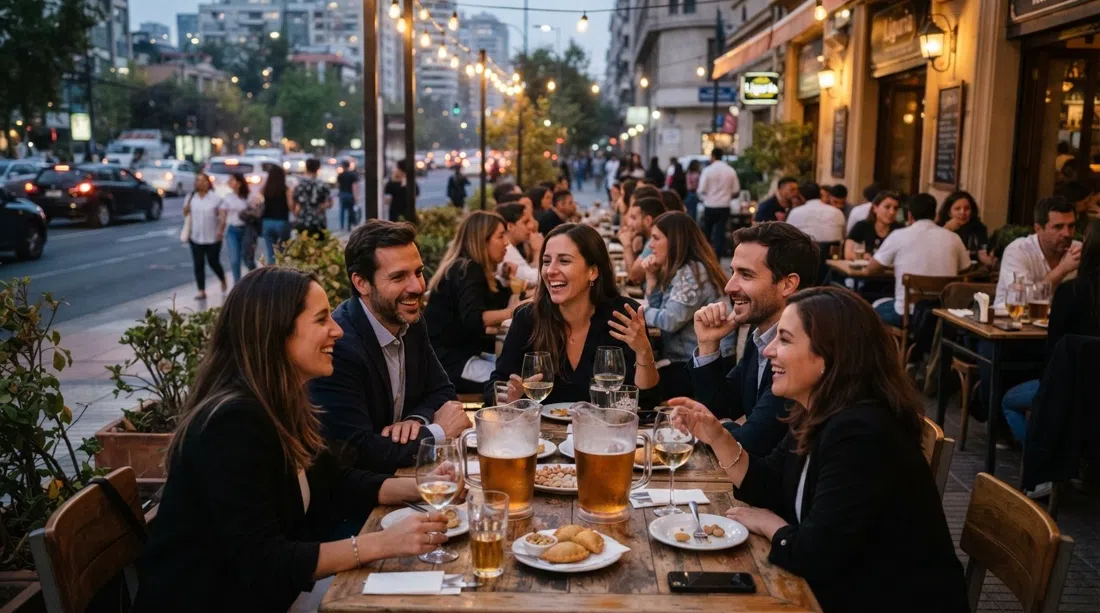 una terraza concurrida de Liguria al atardecer en Avenida Providencia, vasos, jarras y colegas conversando con la última luz