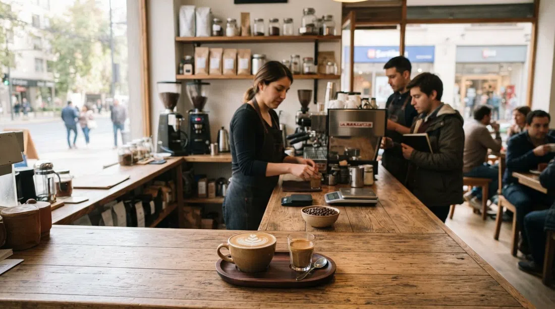 un flat white y espresso de origen único en Café Altura en Manuel Montt, granos tostados y una barra de café luminosa con luz matutina