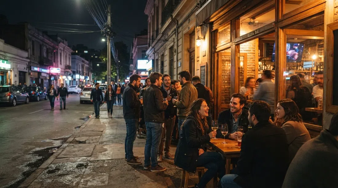 la calle de bares de Manuel Montt de noche, ventanas cálidas de Begoña Bar y gente en la vereda después del trabajo