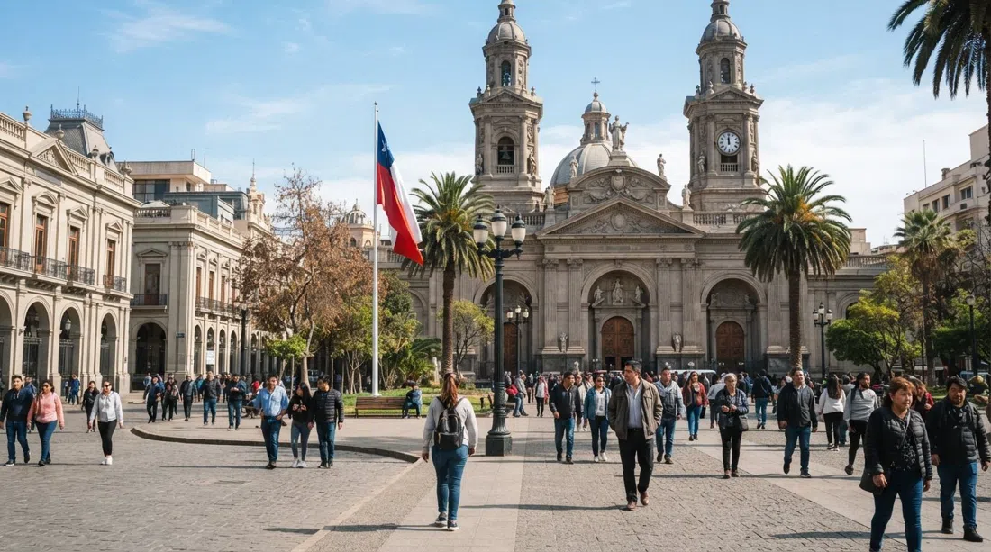 Plaza de Armas en Santiago Centro con la Catedral Metropolitana y edificios cívicos circundantes en una esquina bulliciosa de día, personas cruzando la plaza bajo una luz central brillante