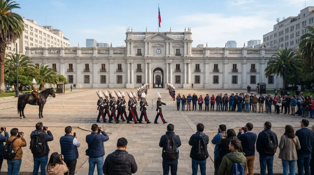 Palacio de La Moneda im Santiago Centro mit dem zeremoniellen Vorplatz während einer morgendlichen Wachablösung, Wachen und Besucher vor der blassen neoklassizistischen Fassade