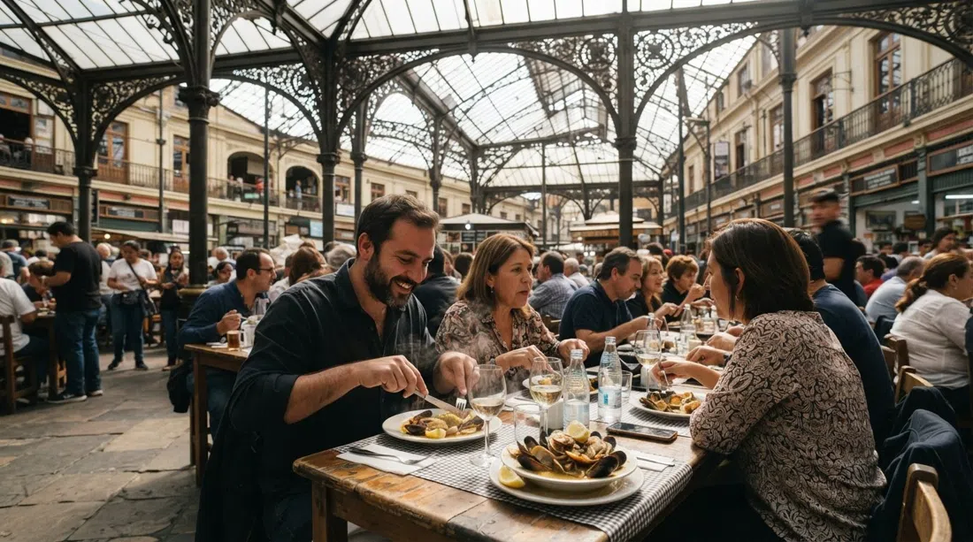 el interior del Mercado Central en Santiago Centro con mesas de Donde Augusto, vigas de hierro arriba y platos humeantes de mariscos bajo la luz del día en la nave del mercado