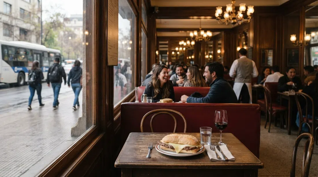 Confitería Torres an der Alameda im Santiago Centro, rotlederne Sitzbänke und Kronleuchter durch das Fenster sichtbar, mit einem Barros-Luco-Sandwich auf dem Tisch
