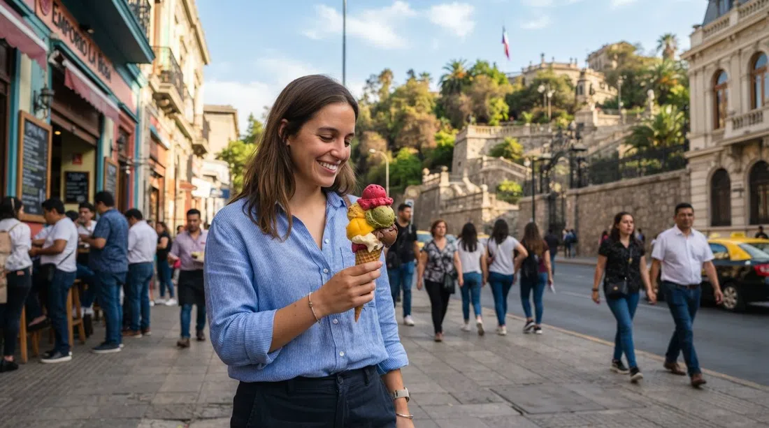 Emporio La Rosa cerca del Cerro Santa Lucía con coloridas bolas de helado en un cucurucho, luz de la tarde y la calle de la ciudad detrás