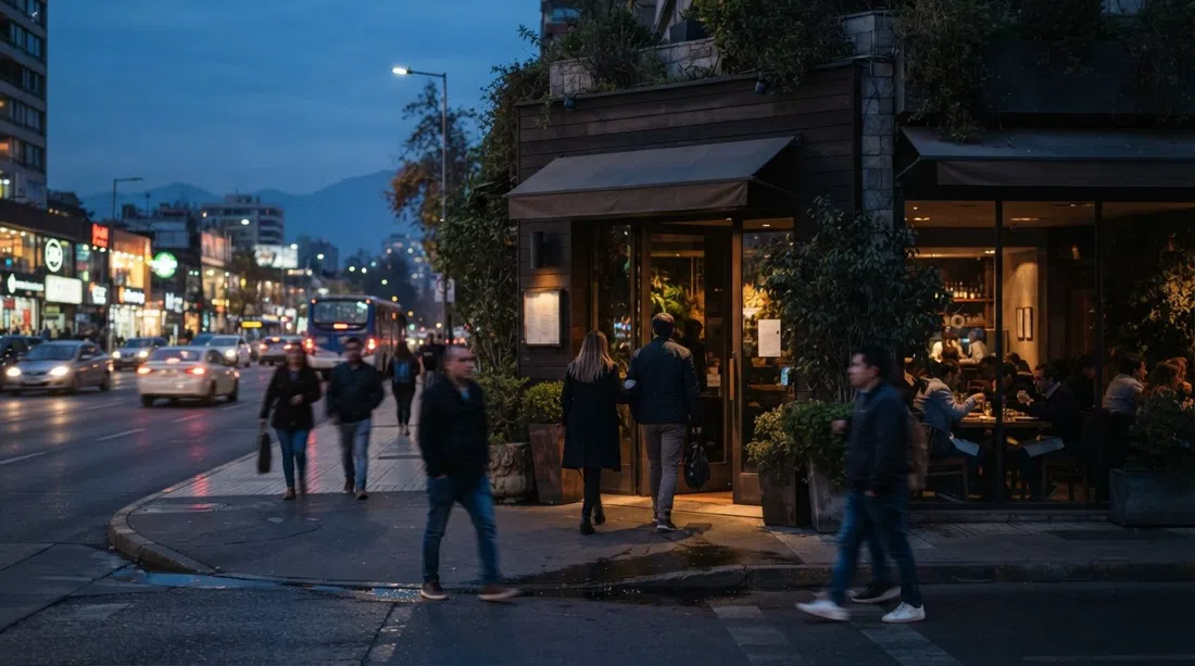 Boragó en Avenida Nueva Costanera al atardecer, su discreta fachada enmarcada por la franja de restaurantes y el tráfico vespertino afuera