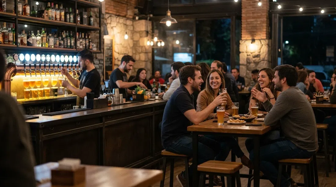 Krossbar dentro de BordeRío de noche, filas de grifos de cerveza brillando detrás de la barra y comensales relajados en mesas altas