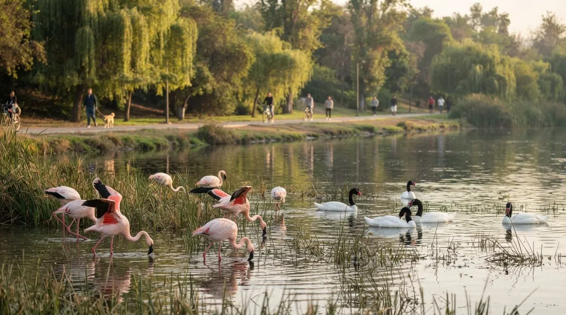 flamencos y cisnes de cuello negro en las lagunas del Parque Bicentenario con luz suave de la mañana, con los senderos y árboles del lado del Mapocho detrás