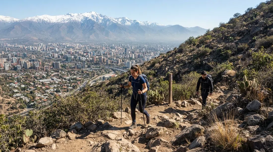 el empinado sendero rocoso hacia el Cerro Manquehue desde el sector Lo Curro, con Santiago abriéndose abajo bajo la luz clara de la montaña